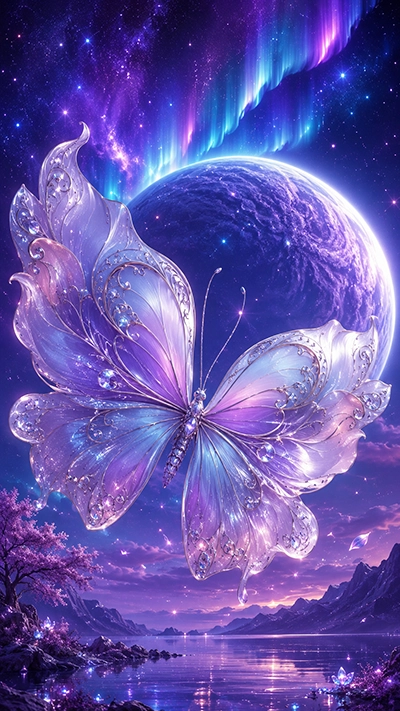 Fantasy Butterfly Wallpaper with crystal butterfly, aurora sky, moonlit planet, and reflective fantasy lake.