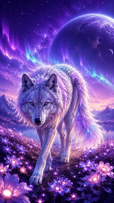 Fantasy Wolf Wallpaper with a white spirit wolf walking among glowing flowers beneath auroras and planets.