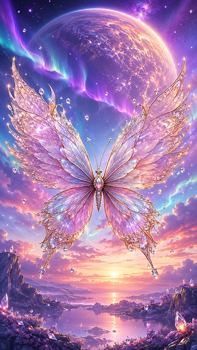 Fantasy Butterfly Wallpaper with crystal butterfly wings, floating gems, auroras, and a glowing cosmic planet.
