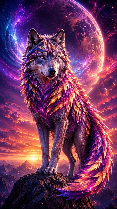 Fantasy Wolf Wallpaper with a celestial feather wolf beneath a giant planet and colorful cosmic sunset.