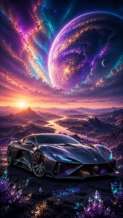 Fantasy Car Wallpaper showing a futuristic hypercar above a fantasy valley with giant planets and colorful cosmic skies.