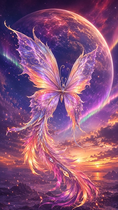Fantasy Butterfly Wallpaper with phoenix-inspired butterfly wings, giant planet, colorful sunset sky, and fantasy ocean.