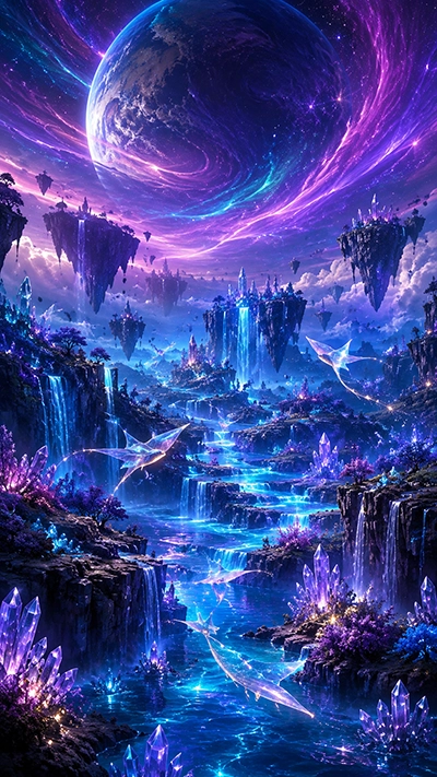 Floating fantasy islands with glowing waterfalls and crystals beneath a giant planet in a colorful cosmic sky