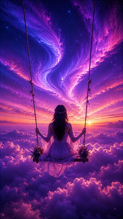 Dreamy Wallpaper showing a woman on a swing above glowing clouds under a colorful purple and pink sunset sky.