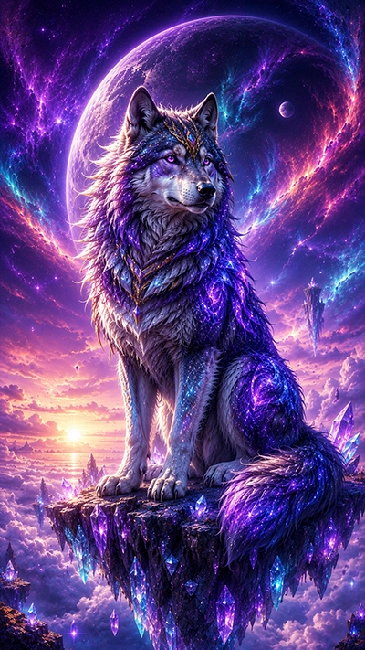 Fantasy Wolf Wallpaper showing a cosmic wolf on a floating crystal island beneath giant purple planets and glowing galaxies.