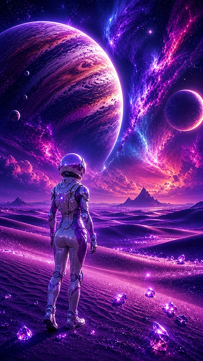Fantasy Astronaut Wallpapers showing an astronaut standing on glowing purple desert dunes beneath giant planets.