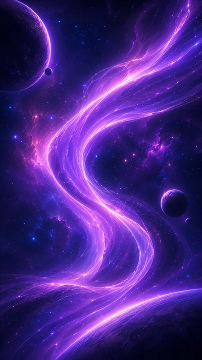 Glowing purple cosmic energy stream flowing through space with planets, stars, and nebula clouds fantasy wallpaper.