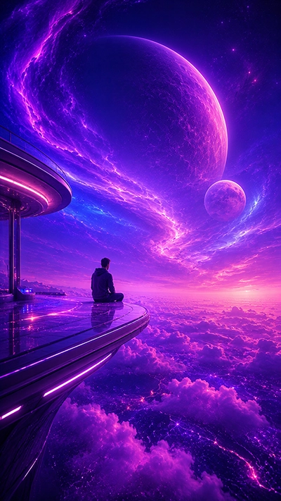 Dreamy Wallpaper showing a person on a futuristic platform above clouds with giant purple planets and glowing cosmic skies in HD.
