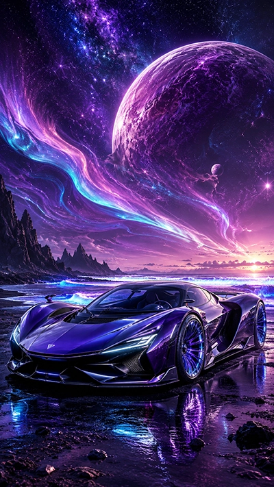 Fantasy Car Wallpaper featuring a futuristic purple hypercar on a cosmic beach with giant planets, auroras, and glowing ocean waves.