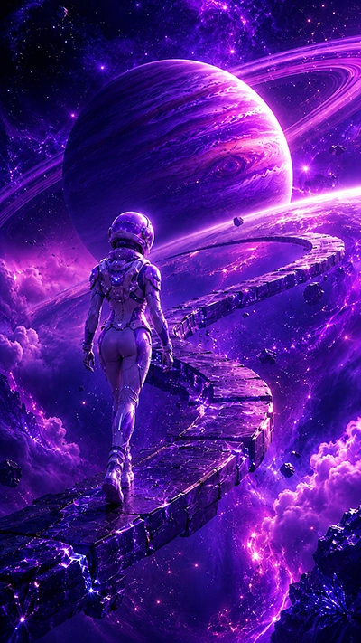 Fantasy Astronaut Wallpaper with an astronaut walking on a floating pathway toward a giant ringed planet.