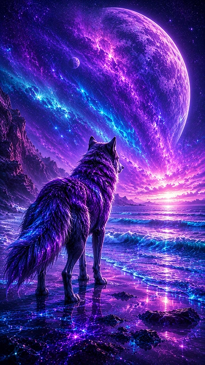 Fantasy Wolf Wallpaper showing a wolf on a glowing beach beneath a giant purple moon and cosmic sky.