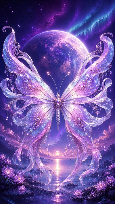 Fantasy Butterfly Wallpaper showing a crystal butterfly with glowing purple wings, aurora lights, a giant planet, and a fantasy lake.