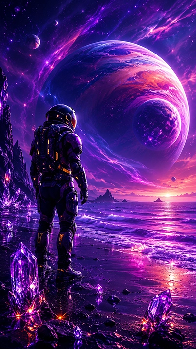 Fantasy Astronaut Wallpapers showing an astronaut on a crystal beach with giant purple planets and glowing galaxy skies.