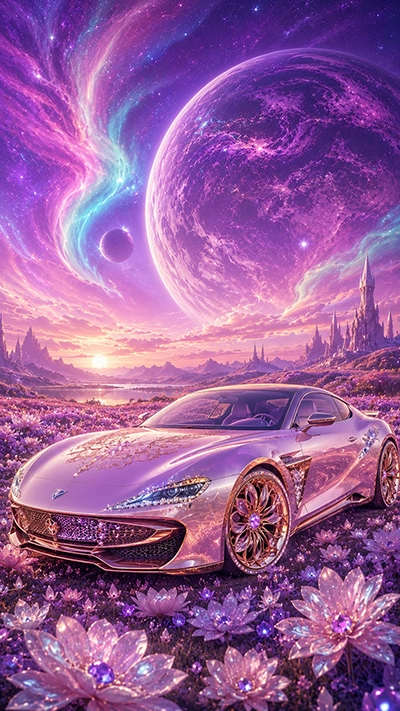 Fantasy Car Wallpaper featuring a luxury coupe in a field of crystal flowers with giant planets and colorful auroras.