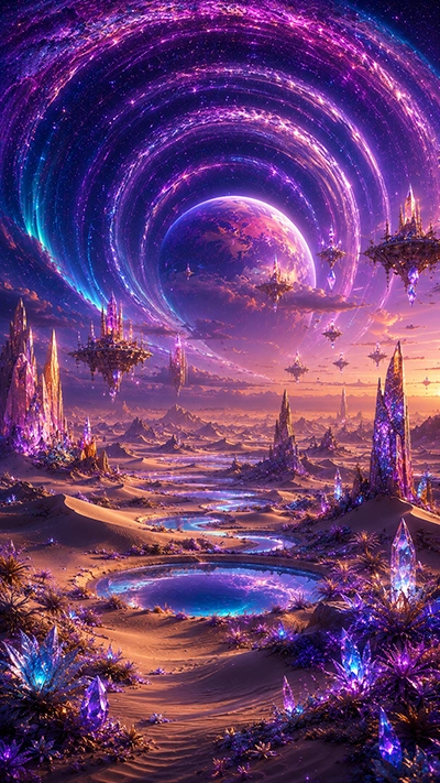 Fantasy crystal desert with floating cities, glowing crystal towers, celestial rings, and a giant planet in the sky