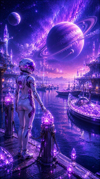 Fantasy Astronaut Wallpapers featuring an astronaut overlooking a crystal harbor city beneath a ringed planet.