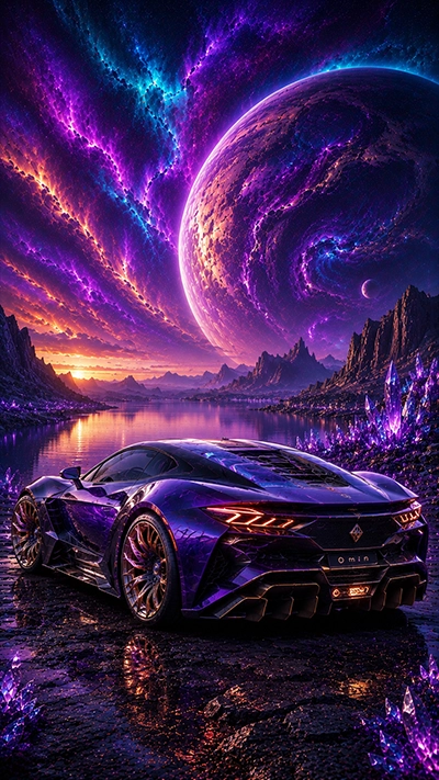 Fantasy Car Wallpaper featuring a futuristic supercar near crystal formations with giant planets and colorful cosmic skies.