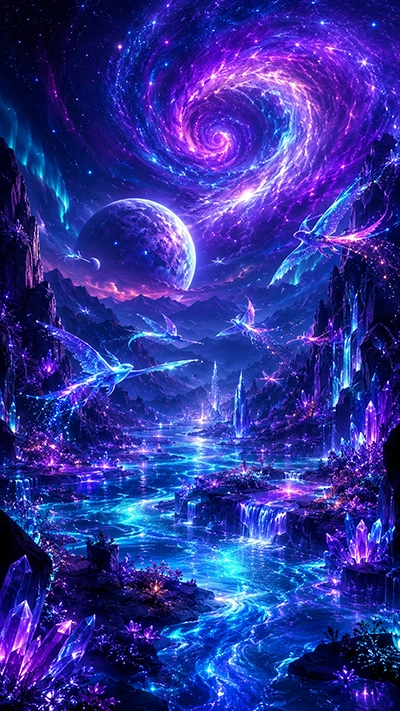 Crystal-filled fantasy valley with glowing blue rivers, celestial birds, distant planet, and spiral galaxy in the sky