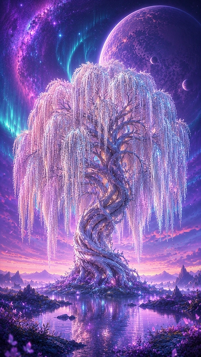 Fantasy Tree Wallpaper showing a crystal willow tree with shimmering branches, purple sky, planets, and reflective water.