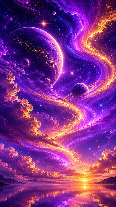 Golden aurora galaxy river with purple planets and glowing cosmic clouds fantasy wallpaper.