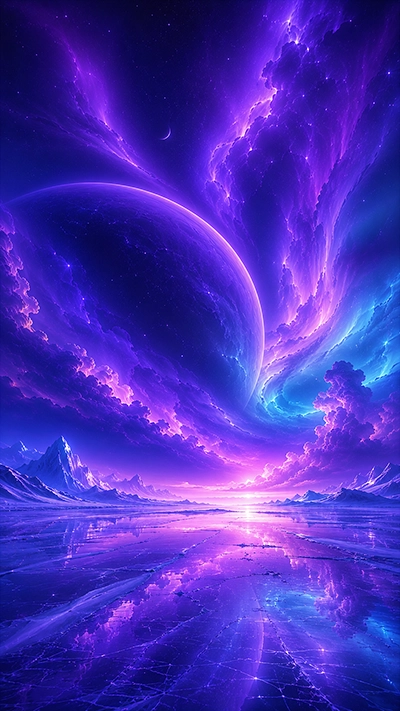 Giant purple planet above frozen reflective terrain with fantasy aurora clouds and mountains wallpaper.