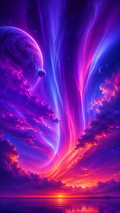 Fantasy aurora sunset with purple planets, colorful cosmic clouds, and reflective ocean wallpaper.