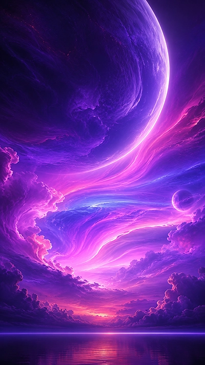 Giant purple planet with glowing aurora clouds and colorful fantasy sky wallpaper.