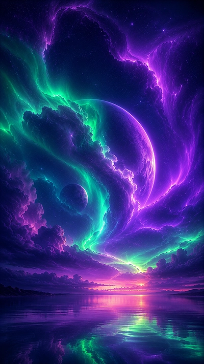 Green and purple aurora surrounding a glowing planet above reflective water fantasy wallpaper.