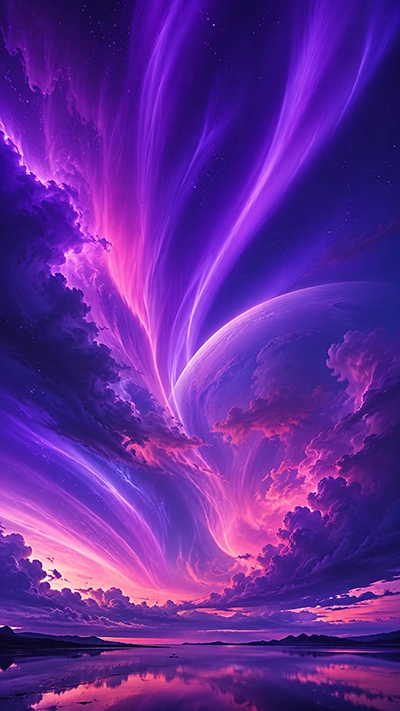 Purple planet above a reflective lake with glowing fantasy aurora clouds and cosmic sunset sky wallpaper.