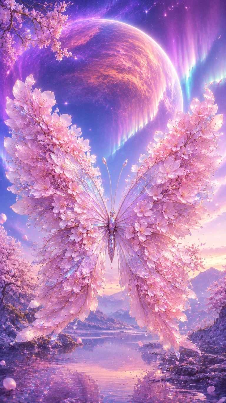 Fantasy Butterfly Wallpaper showing a giant butterfly made of cherry blossoms floating above a magical lake with auroras, pink trees, and a glowing planet.