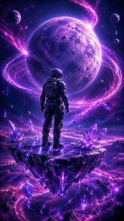 Fantasy Astronaut Wallpapers showing an astronaut on a floating crystal island beneath a giant moon.