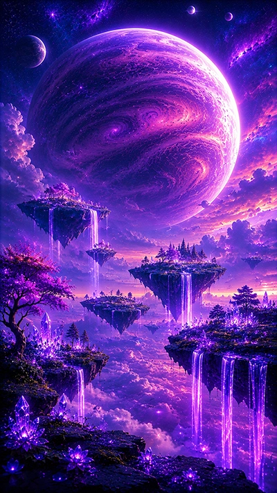 Floating fantasy islands with glowing waterfalls, purple crystals, and a giant cosmic planet in a colorful celestial sky