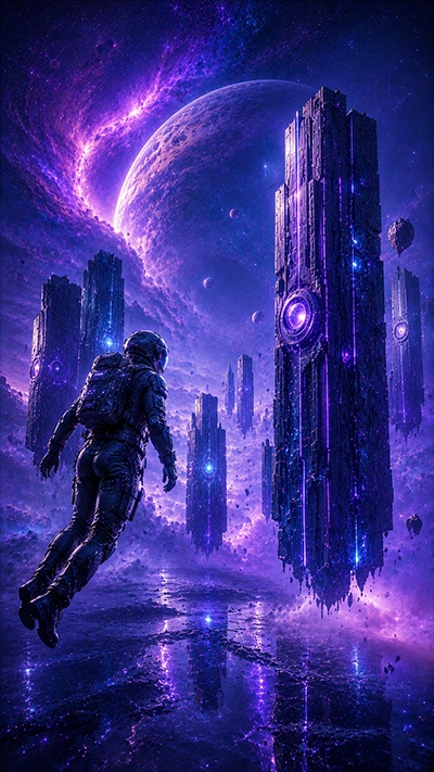 Fantasy Astronaut Wallpapers with an astronaut floating among giant futuristic monoliths and cosmic planets.