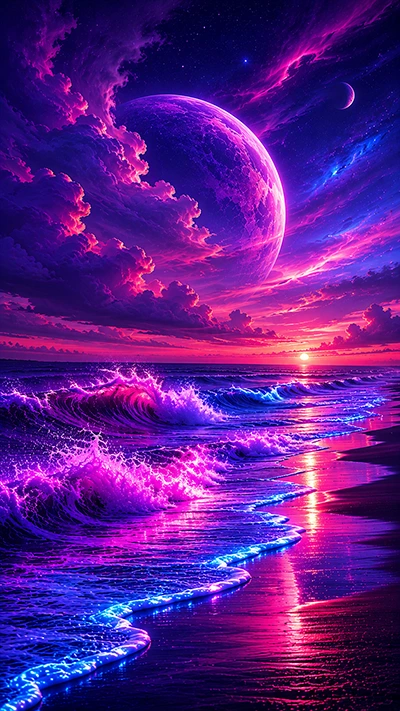 Glowing Beach fantasy wallpaper with neon purple ocean waves, giant cosmic planet, vibrant pink clouds, and reflective shoreline under a colorful galaxy sunset sky.
