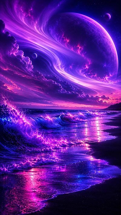 Glowing Beaches fantasy wallpaper with luminous purple ocean waves, giant cosmic planet, neon aurora clouds, and reflective tropical shoreline at night.