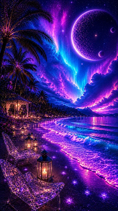 Glowing Beach fantasy wallpaper with neon purple ocean waves, cosmic aurora sky, giant glowing planets, palm trees, and luminous tropical shoreline at night.