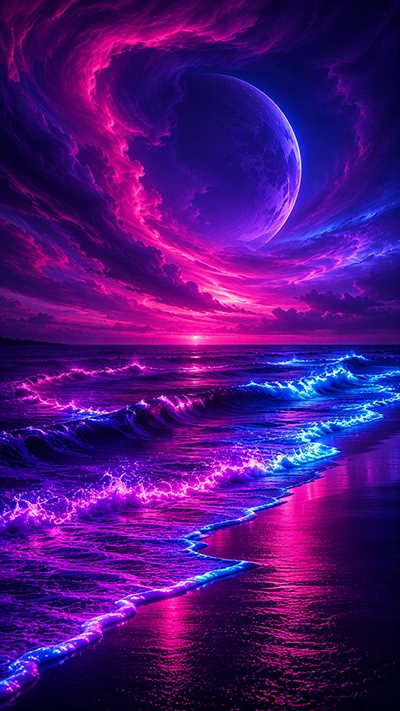 Glowing Beaches fantasy wallpaper with neon purple and blue ocean waves, giant moon, swirling cosmic clouds, and reflective shoreline under a vibrant galaxy sky.