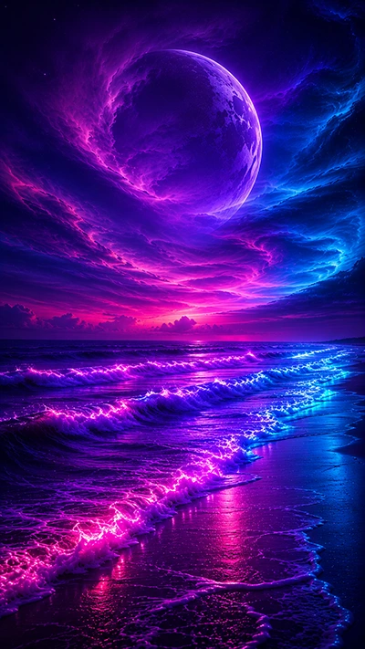Glowing Beach fantasy wallpaper featuring neon purple and blue ocean waves, giant glowing moon, cosmic cloud formations, and reflective shoreline at night.