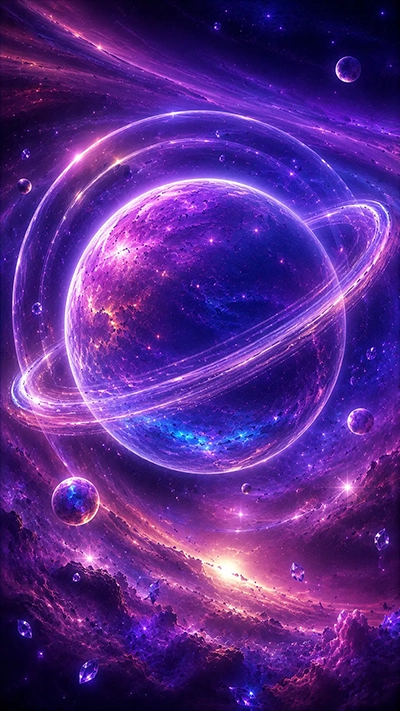 Glowing purple fantasy planet with luminous rings, nebula clouds, stars, and crystal asteroids in a cosmic space wallpaper.