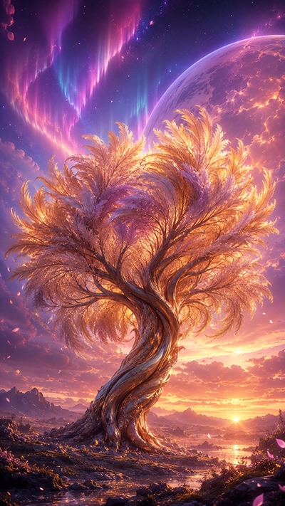 Fantasy Tree Wallpaper with a glowing golden tree, purple auroras, giant planet, and fantasy sunset landscape.