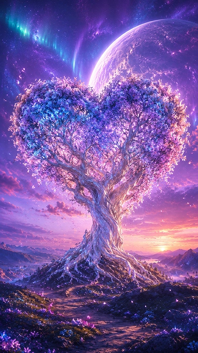 Fantasy Tree Wallpaper showing a heart-shaped glowing tree with purple and blue leaves under a giant planet and colorful auroras.