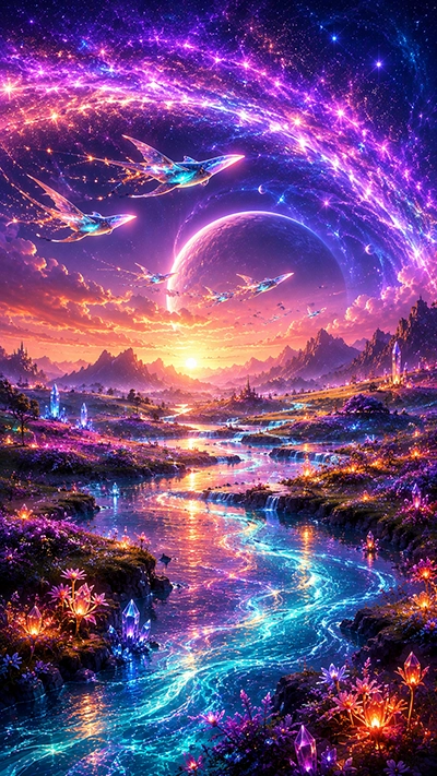 Glowing river flowing through crystal landscapes beneath a giant planet with flying fantasy creatures in the sky