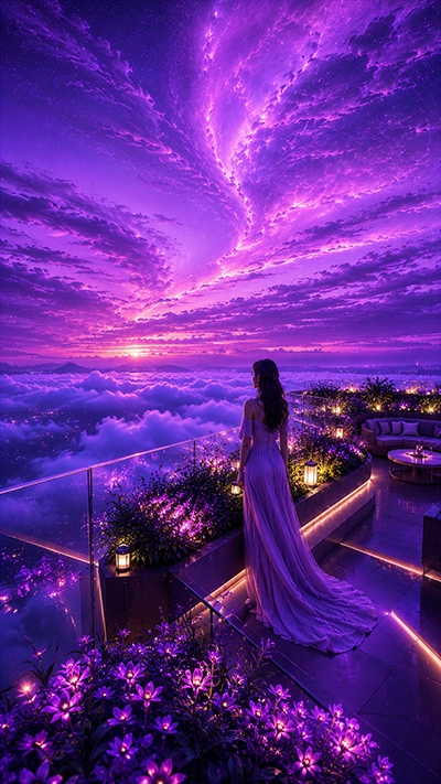 Dreamy Wallpaper with luxury rooftop terrace, glowing flowers, purple sunset clouds, and a woman admiring the view.