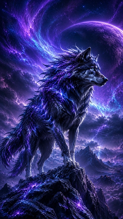 Fantasy Wolf Wallpaper showing a galaxy wolf standing on cliffs beneath a giant moon and purple nebula sky.