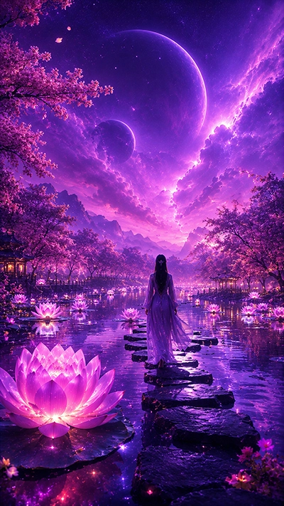 Dreamy Wallpaper with glowing lotus flowers, cherry blossoms, magical lake reflections, and giant purple planets above a fantasy landscape.