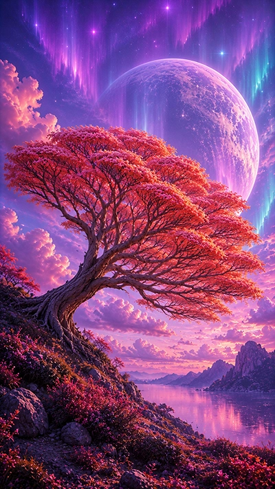 Fantasy Tree Wallpaper with a vibrant pink tree, giant planet, colorful auroras, and a peaceful lakeside landscape.