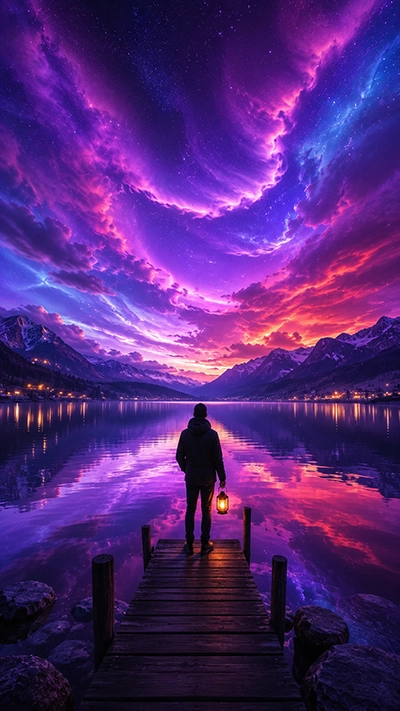 Dreamy Wallpaper with mountain lake reflections, colorful purple aurora skies, and a traveler holding a lantern on a wooden dock.