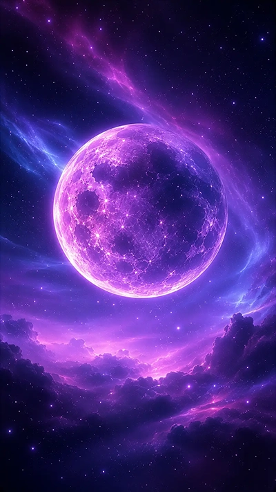 Large glowing purple moon above fantasy clouds and starry cosmic sky in a space fantasy wallpaper for mobile.