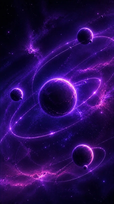 Multiple glowing purple planets with orbital trails floating in a deep fantasy galaxy space wallpaper.