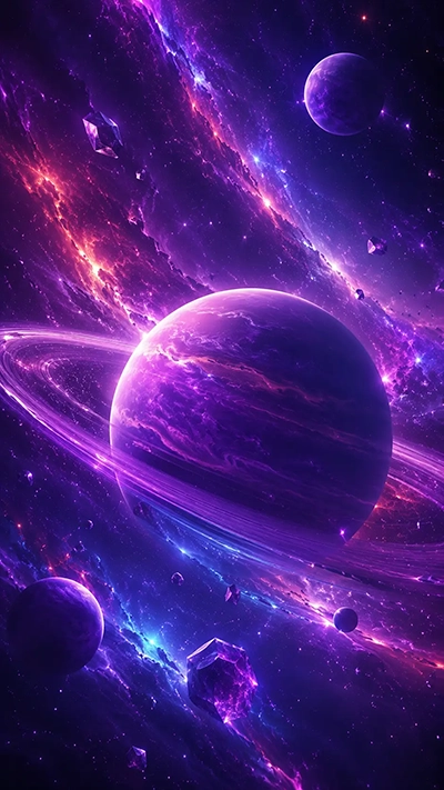 Purple ringed planet in a fantasy galaxy with glowing nebula clouds, crystal asteroids, and cosmic purple space background HD mobile wallpaper.